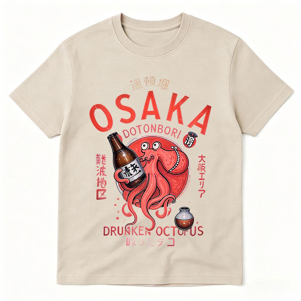 Japanischer Stil Osaka Dotonbori Betrunkener Oktopus Lustiges Meme T-Shirts Unisex WoUnisex Retro Harajuku Oversized Baumwoll-T-Shirt Streetwear