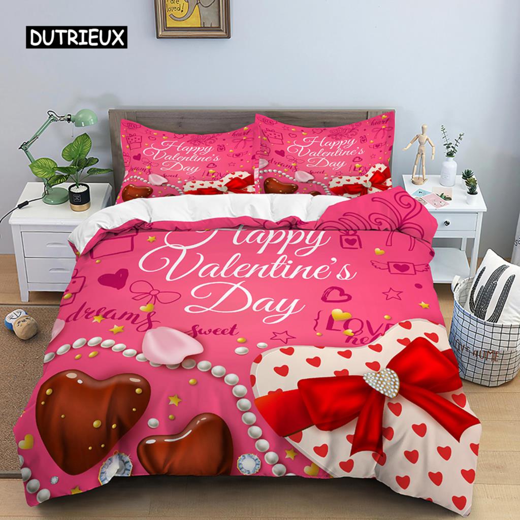 Love Heart Duvet Cover Set Pillowcase Couples Quilt Cover King Size Valentine Gifts Happy Valentines Day Polyester Bedding Set