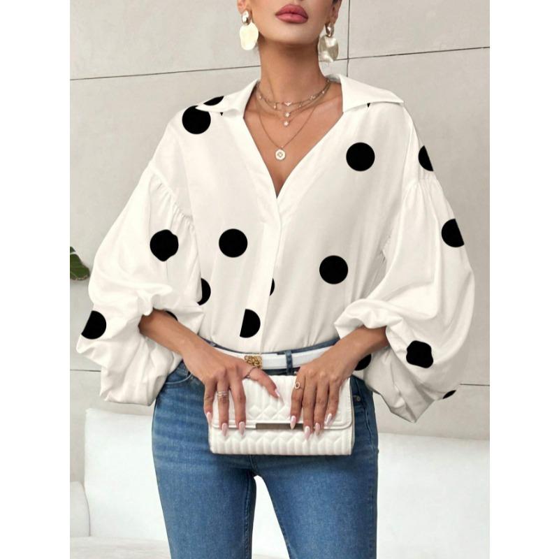 Elegante Blusa da Donna a Pois Larga con Scollo Semiaperto Top Casual a Maniche Lunghe Scollo a V Primavera Autunno Stampata Dolci Camicie Semplici da Ufficio per Signore