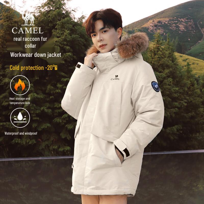 Camel Men's Hooded Down Jacket with Faux Fur Trim