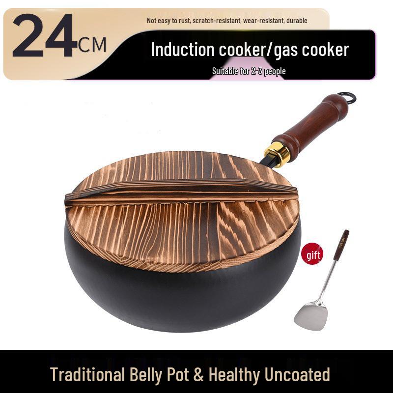 Zhangqiu Handgefertigter Antihaft-Eisen-Wok: 24CM Wok mit großem Bauch zum Pfannenrühren, für Gerichte, zum Schmoren & für Suppe.