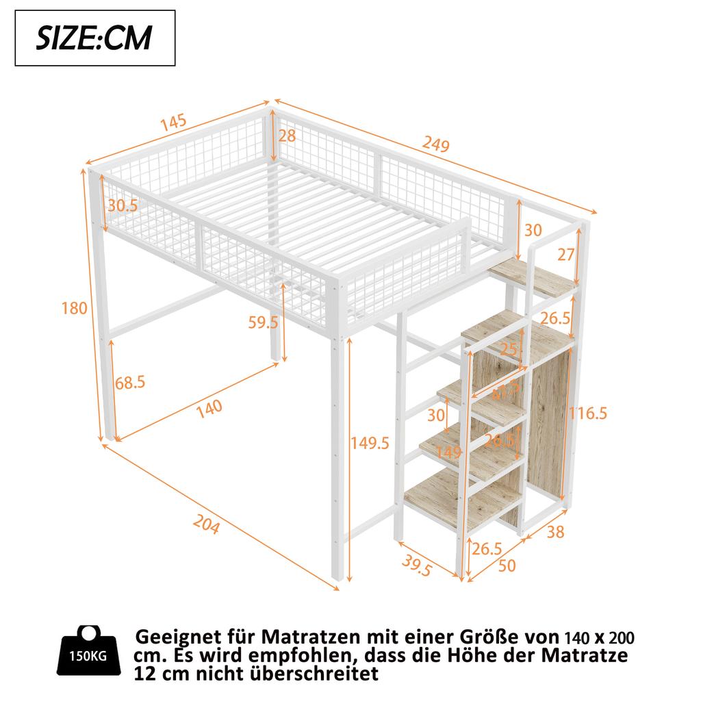 Loft bed 140*200 with ladder, children's bed with iron frame and storage shelf, wardrobe white (Old SKU LDB00198AAK)