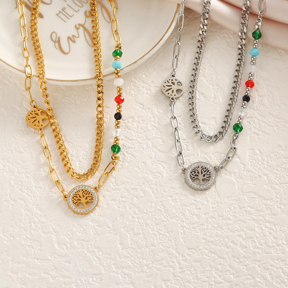 Irregular Retro Colored Beaded Tree of Life Pendant Accessories Titanium Steel Double Layer Necklace