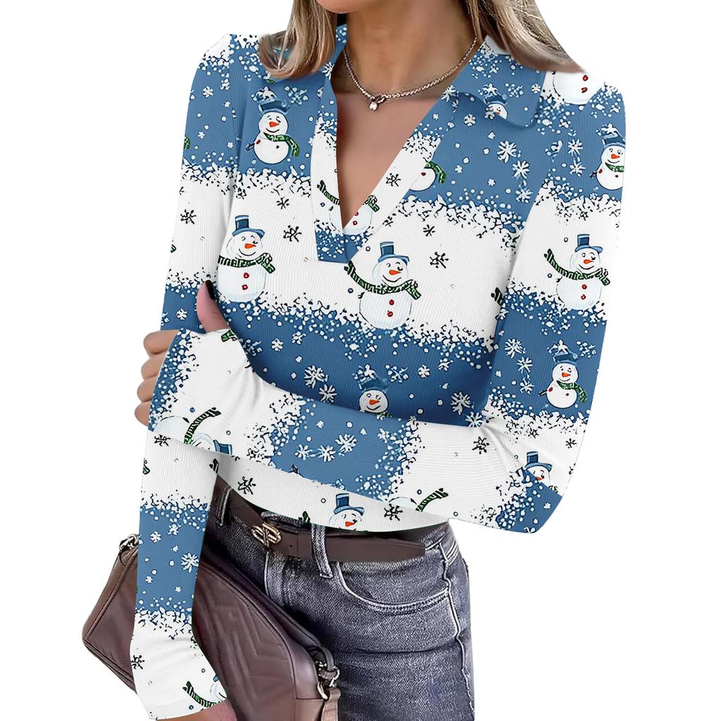 Damenmode Lässig Weihnachts-Print V-Ausschnitt Langarm Knopfleiste Oberteil