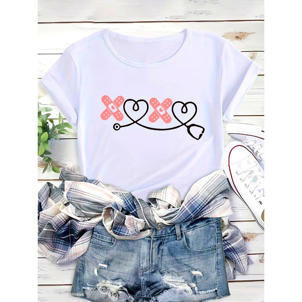 Love Band Aid Printed Women's Cute Simple Round Neck Sports Casual Sleeve Style Love Band Aid T-shirt