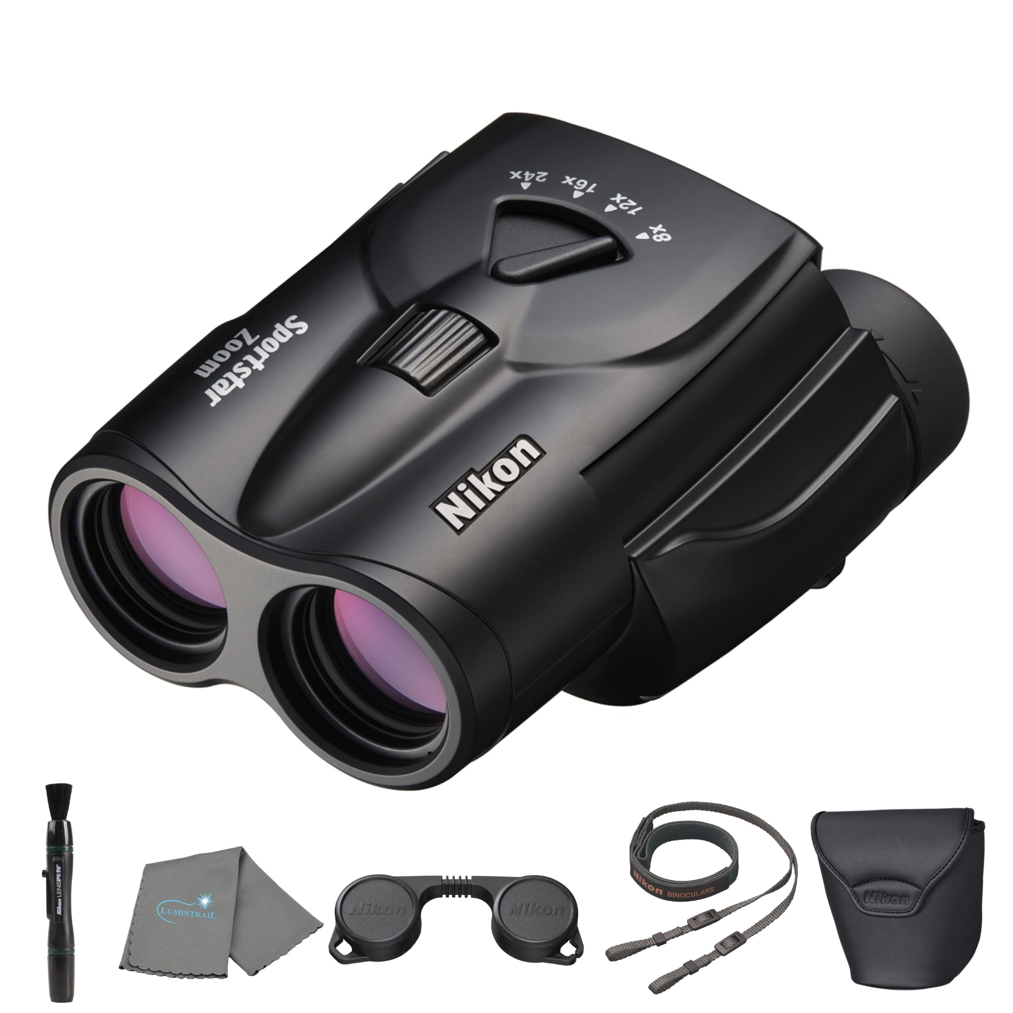 

Nikon Sportstar Zoom Binoculars 8-24x25 (16736) Compact Black Variable Zoom with Lens Pen and Cleaning Cloth for Sports Wildlife Hiking