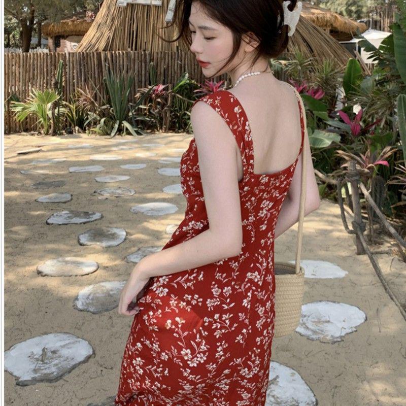 Women's Spaghetti Strap Red Floral Dress for Early Spring 2025 - French Petite Style for Date Nights