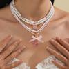 Salircon Romantyczny Uroczy Różowy Truskawkowy Kokardka Wisiorek Kobiety Naszyjnik Zestaw Elegancki Wielowarstwowy Imitacja Perły Choker Biżuteria