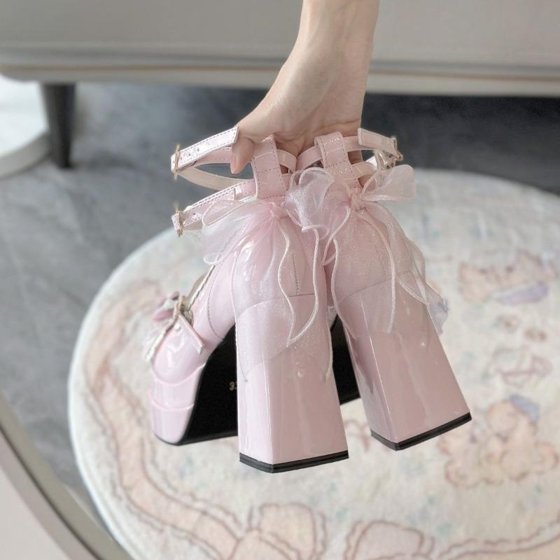 Fashion Sweet Pink Lace Bow Brand Mary Jane Shoes Women Fashion Ankle Strap Star Buckle Design Heels Cute Princess Lolita Dress Shoes
