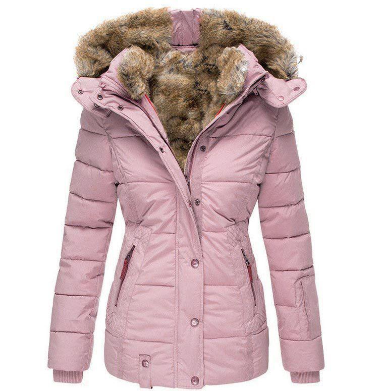 

Women s Winter Plus Size Padded Thickened Down Jacket Solid Colour Fur Collar Zip Section Long Sleeve Slim Hooded Lapel Coat XXS