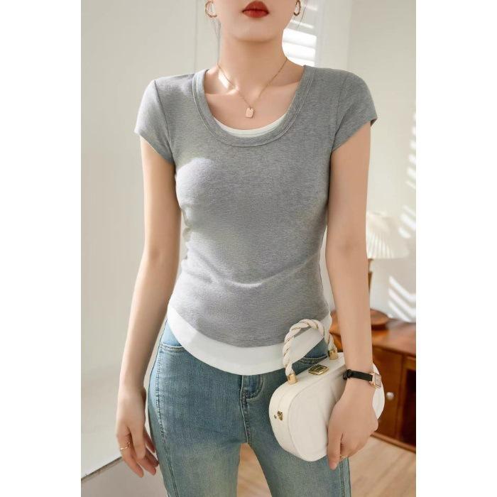 

Hangzhou Sijiqing Guangzhou Thirteen Lines Women s Clothing [Contrasting Colors Without Dyeing] T-Shirt Women s Summer Short Sleeves 2XL сірий колір