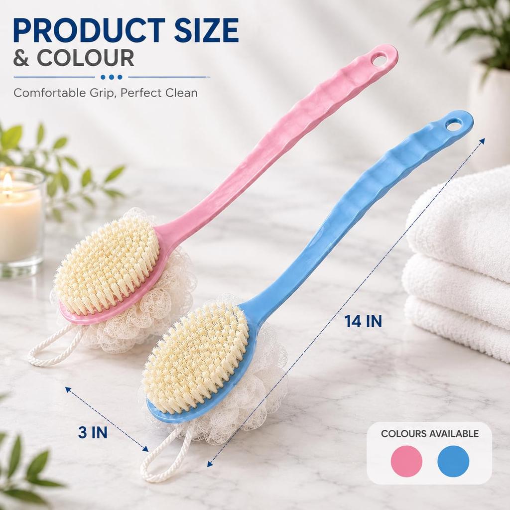 Body Brush Back Scrubber Set (Pack of 2) | Long Handle Bath & Shower Brush with Soft Bristles & Loofah Mesh | Wet & Dry Body Exfoliating Brush for