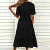 Women's Casual V Neck Dress with Gathered Puff Sleeves and Flared Hem Short Sleeve Midi Dress with Pockets