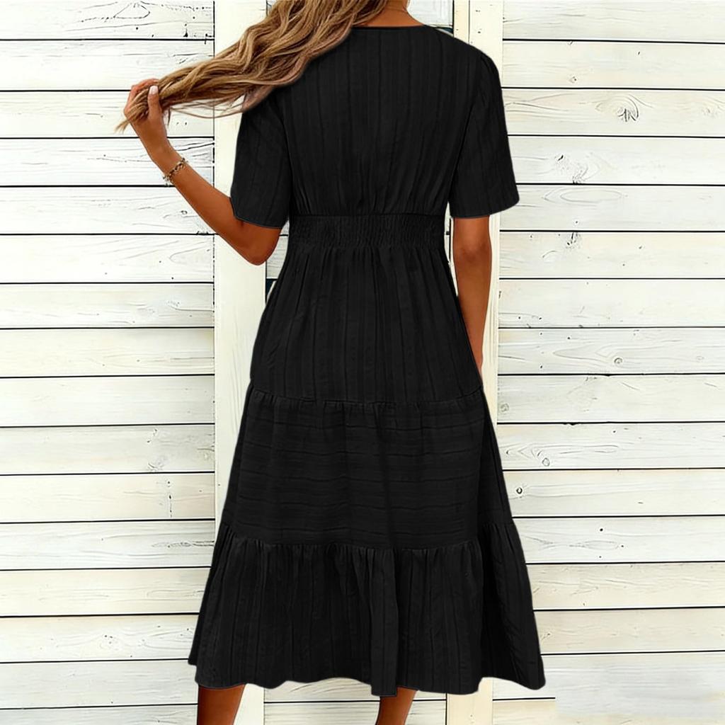 Women's Casual V Neck Dress with Gathered Puff Sleeves and Flared Hem Short Sleeve Midi Dress with Pockets