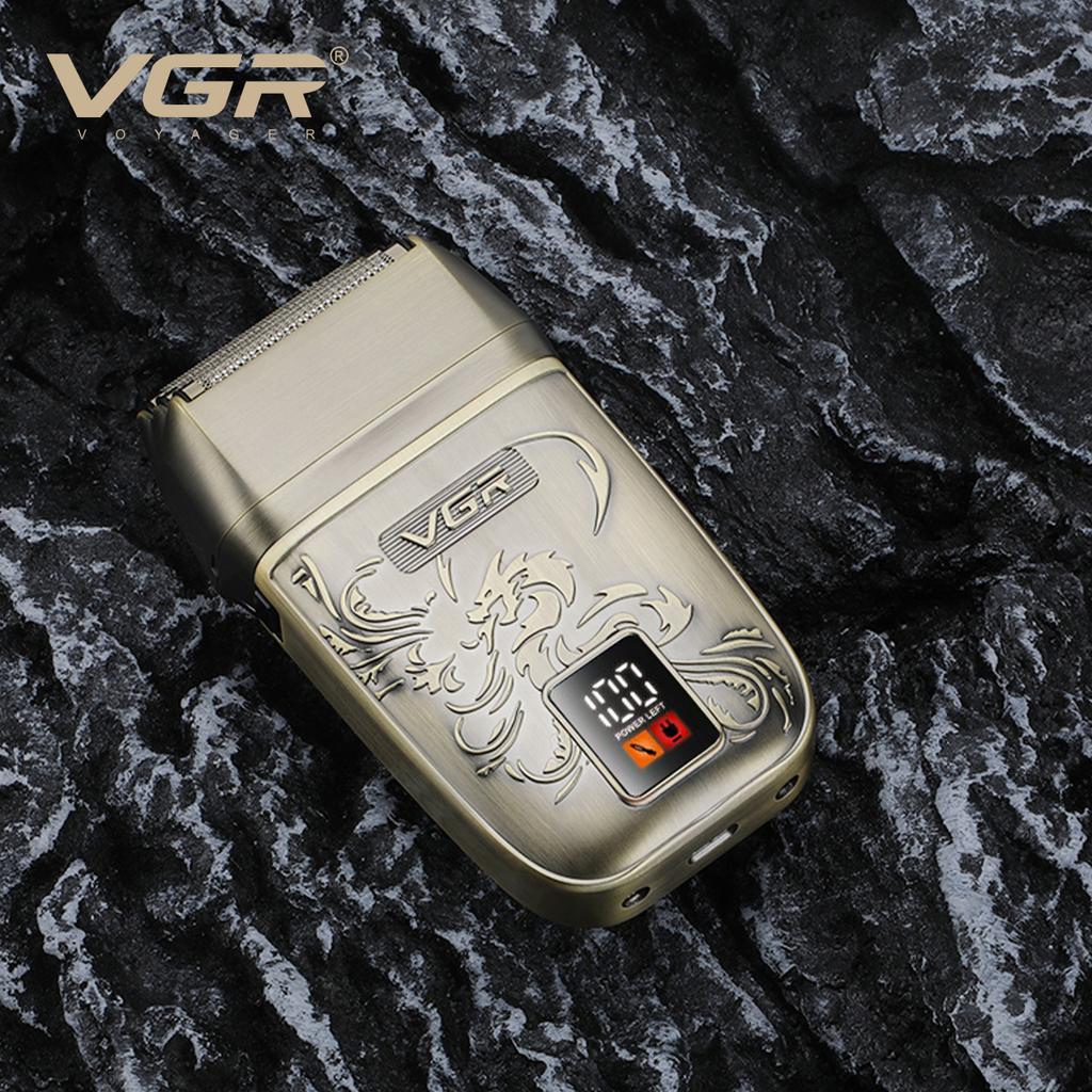 Professional VGR V-349 Retro Metal Shaver Three Blade Deep Cleaning Shaver Embossed Body Intelligent LCD Digital Hair Trimmer Safe and Skin-friendly