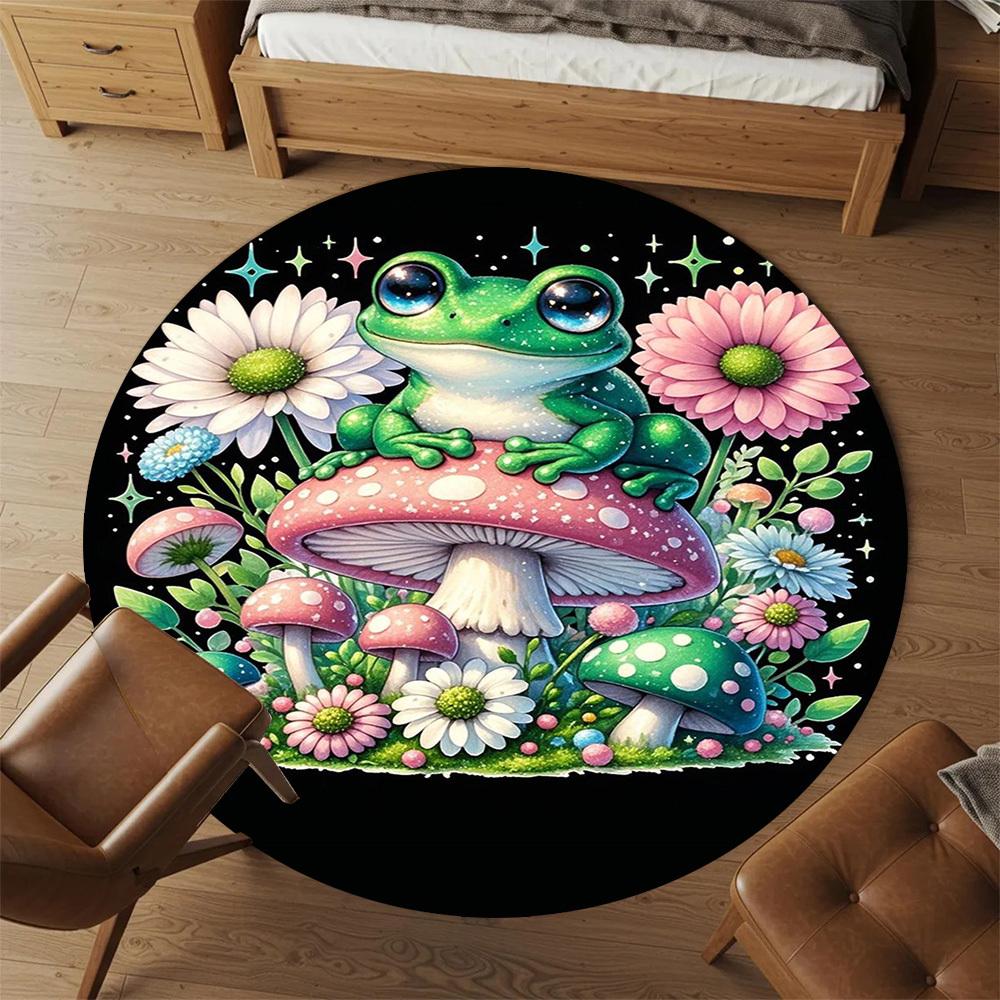 1PC Frog Mushrooms Flowers Round Chair Mat Area Rug - Non-Slip, Floor Mat for Office, Bedroom, Home Decor Christmas Gift C0528056