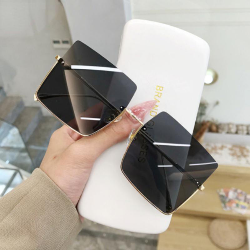 Fashion Oversized Square Sunglasses Women Brand Retro Big Frame Sun Glasses Female Metal Semi-Rimless Designer Oculos De Sol