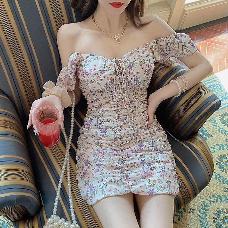 Summer Dress Women's Feminine Low-cut Slim Hip Pleated Floral Chiffon Skirt