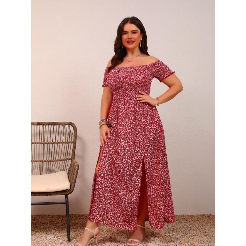 Women's Plus Size Casual Bohemian Printed Strapless One Neck Split Dresses