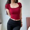 Square Collar High Stretch Summer Crop Tops Women Short Sleeve Tops Sexy Pullover Bottoming Blouses Slim T-shirt