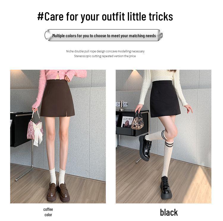 Petite High Waist Zipper Slit A-line Mini Skirt – Spring & Autumn Slimming Hip-Hugging Style.