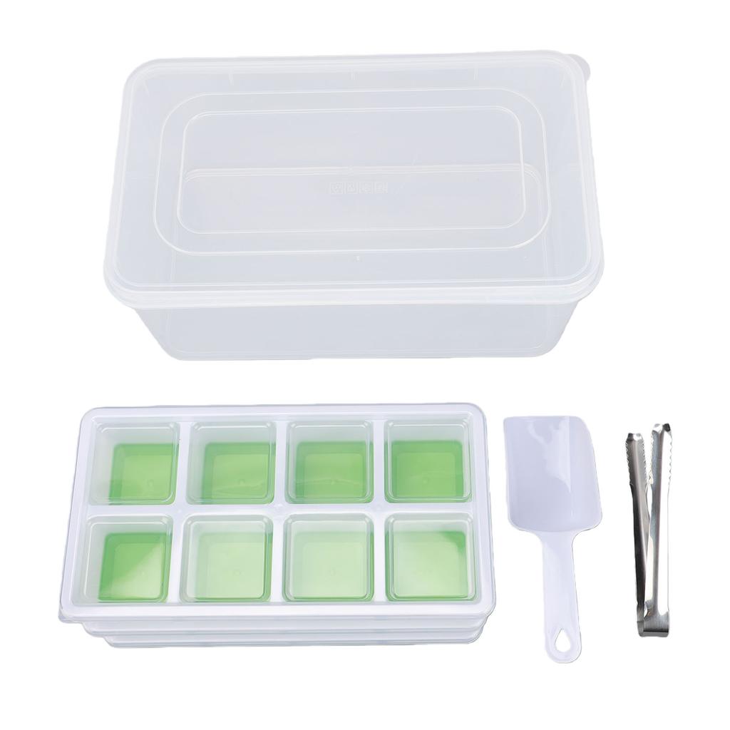 Ice Cube Tray with Lid Bin Tong Set 8 Cavity Soft Bottom Square Silicone Ice Cube Mold for Freezer