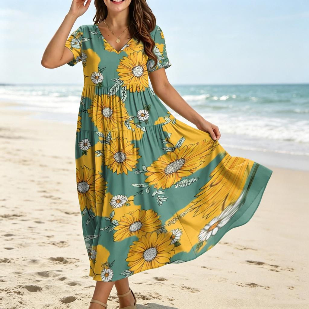 Frauen Casual Lose Bohemian Blumenkleid Kurzarm Lange Maxi Sommer Strand Swing Kleid