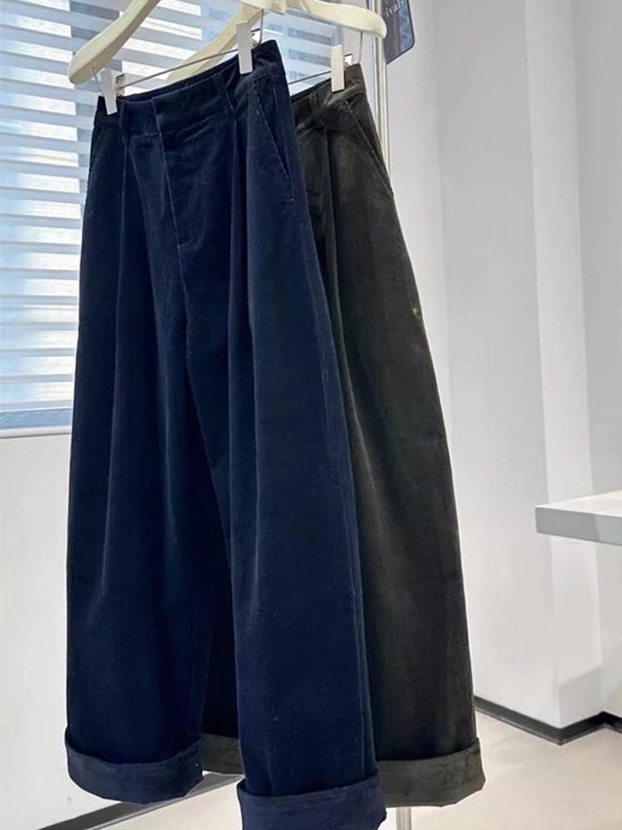 Women s High-Waisted Retro Dark Green Corduroy Wide-Leg Pants XL