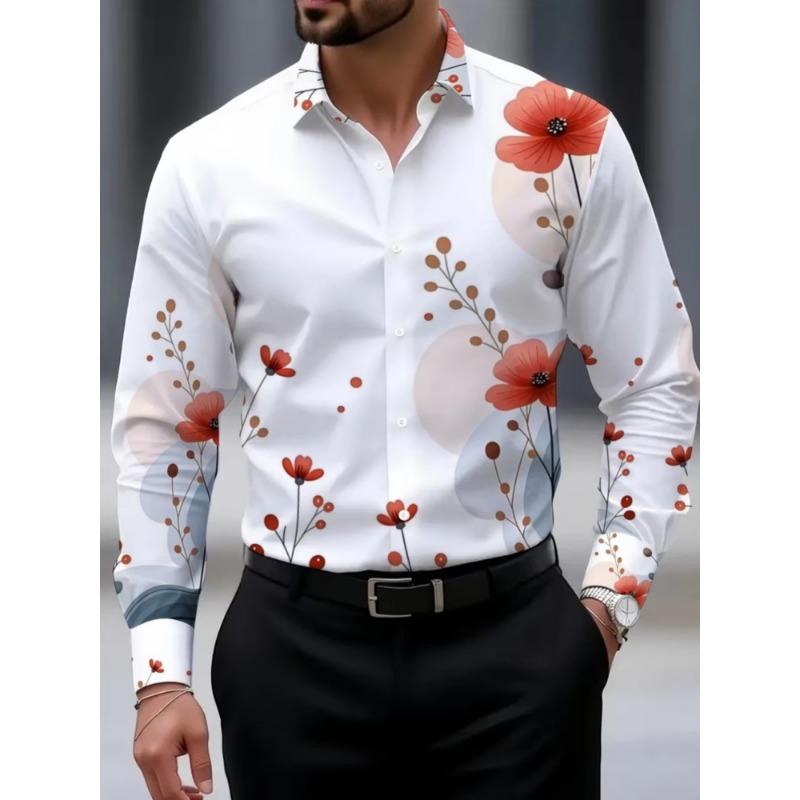 Men's Rose Graffiti Printed Long Sleeve Shirt, Collar Cardigan Shirt, European and American Trendy Casual Versatile Top