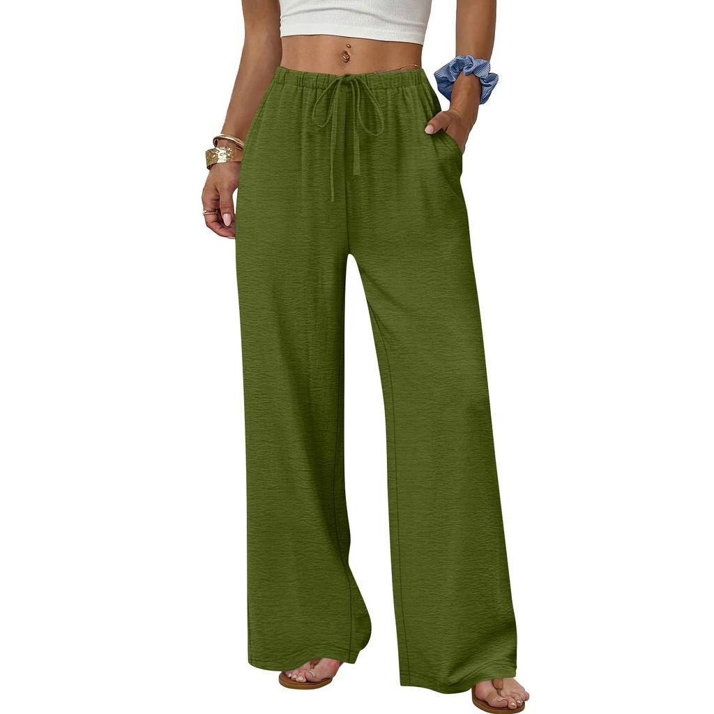 Women's Fashion Wide-Leg Trousers With Drawstring Elastic Waistband And Pockets Relaxed-Fit Casual Trousers
