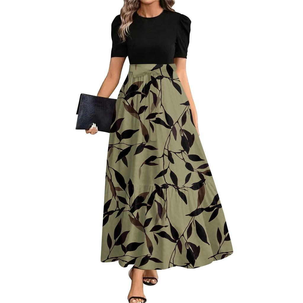 Women's Fashionable Casual Belt Short Sleeved Round Neck Print Elegant Temperament Dress