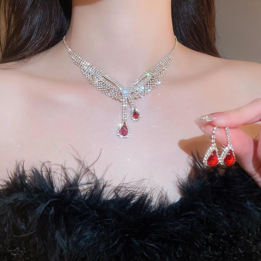 Exquisite Rhinestone Water Drop Tassel Necklace & Earring Set - Luxurious European & American Style