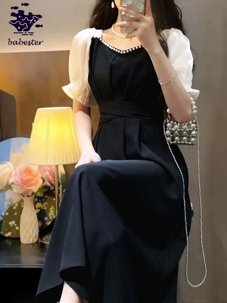 Babestar Party Size Perfect for and Dress, Lace, Knee-Length, Sleeved, Red, 5/8 Sleeves, L, Elegant, Cute, Slimming, Elegant, Stylish, Flattering,