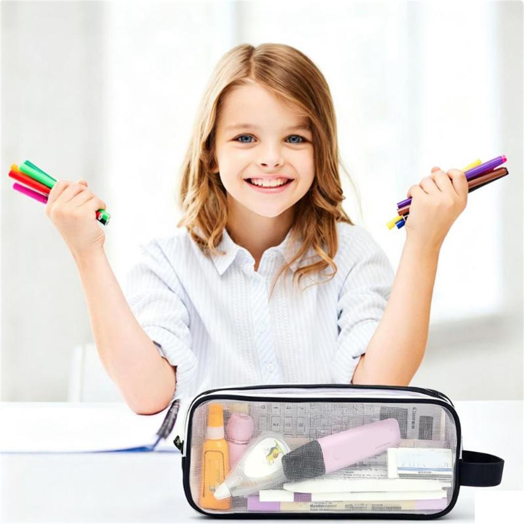 Large Capacity Double Layer Clear Mesh Pencil Pouch – Transparent Portable Stationery Case for School