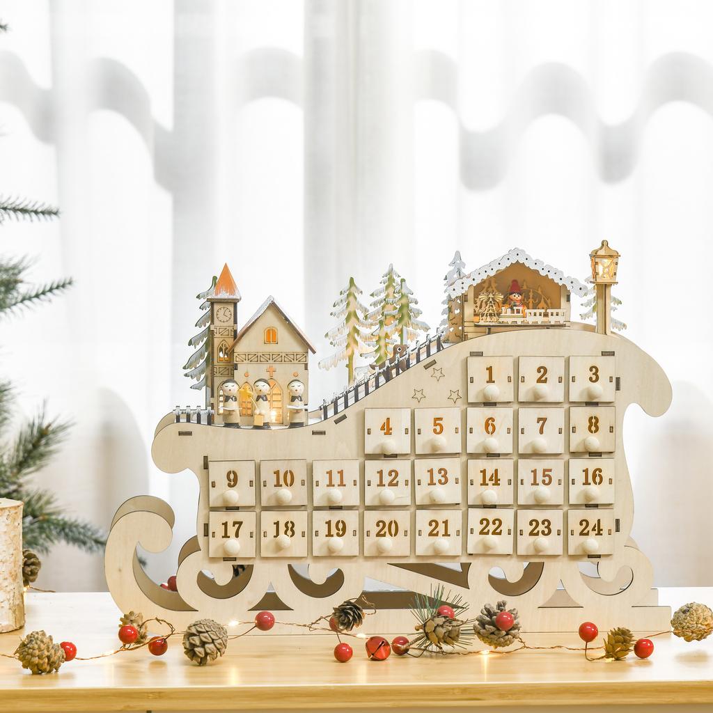 Christmas Advent Calendar, 2021 Light Up Table Xmas Wooden Sleigh Holiday Decoration with Countdown Drawer, Village, for kids Adults