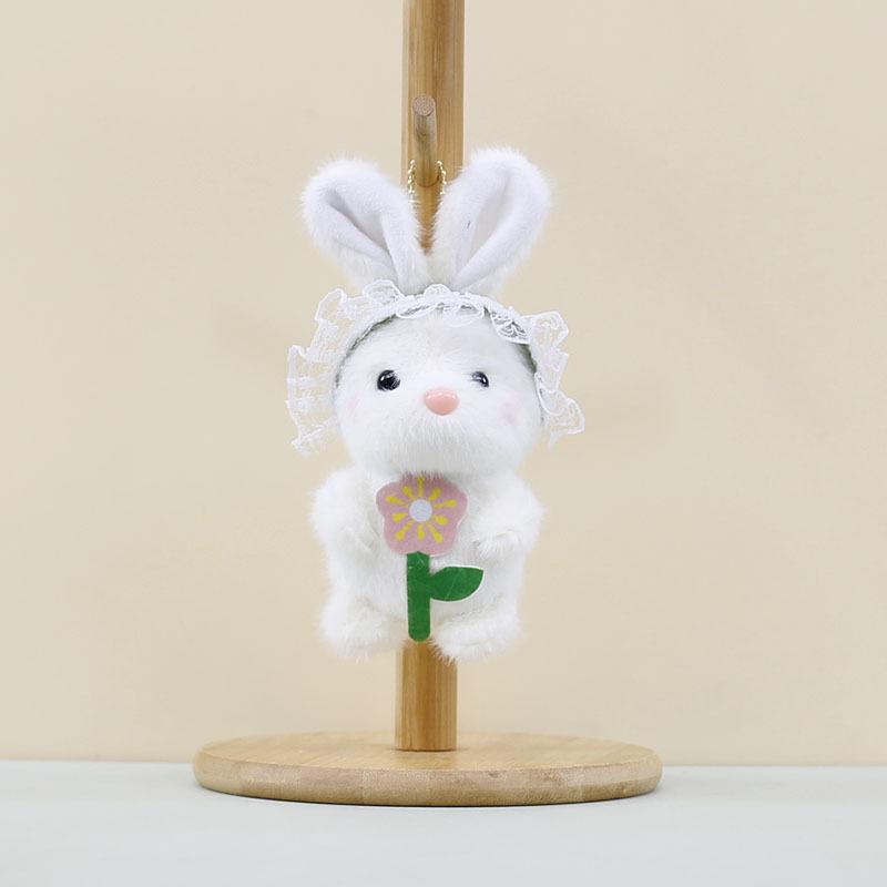 Cute Grey White Brown Pink Flower Bunny Plush Keychain Soft Doll For Bags Keys And