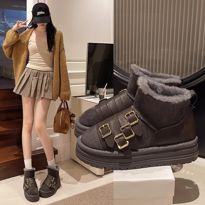 Women's Large Size Belt Buckle Soft Sole Winter Warm Fur Snow Boots Padded Lined Ankle Boots Non-Slip Hiking Casual Sports Cotton Boots
