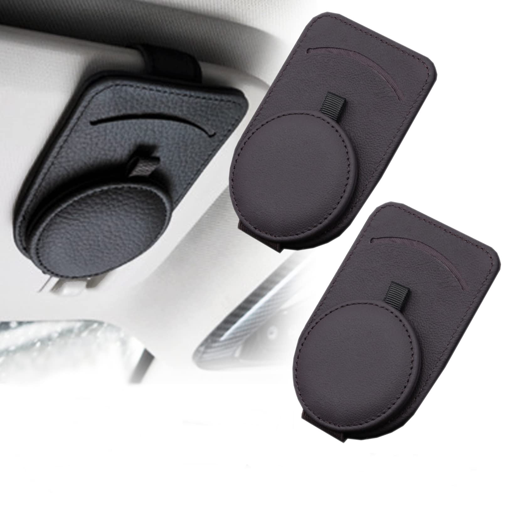 

PIENSE Car Sunglasses Set of Universal Eyeglass Leather Sun Visor with Card Car Accessories Clips, 2, Holder, Pocket, (2 Brown)