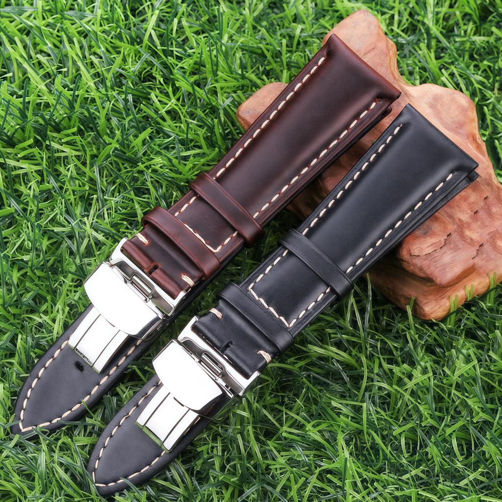 Quick Release Crazy Horse Oil Wax Leather Watch Band Vintage Cowhide Strap Butterfly Deployment Buckle 18mm 20mm 22mm 24mm