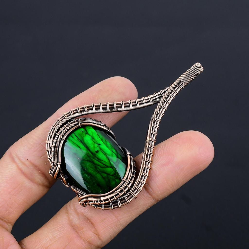 Green Flash Labradorite Handmade Gemstone Pendant, 999 Copper Wire Wrapped Pendant Antique Jewelry, For Wedding Gift