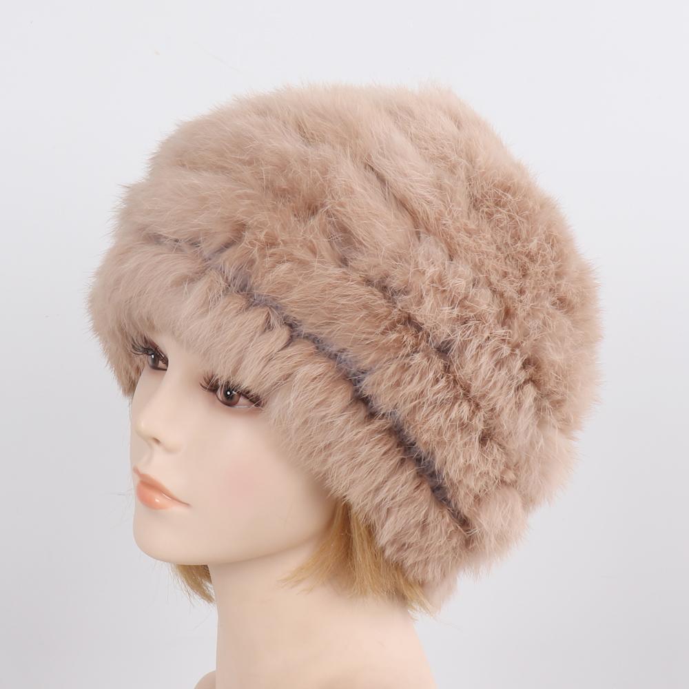 Hot Sale Women Knitted Real Rabbit Fur Hats Ladies Winter Warm Fluffy Genuine Rabbit Fur Caps Outdoor Good Elastic Fur Cap