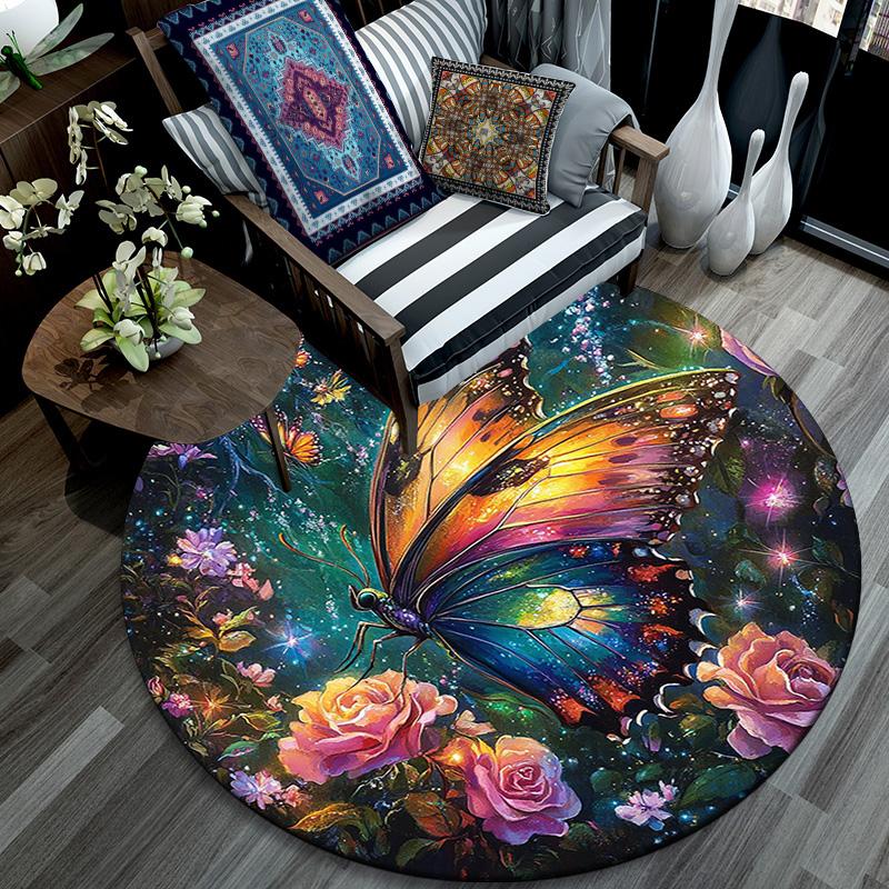 Butterfly Garden Round Area Rug,Carpet Rug for Living Room Bedroom Sofa Playroom Decor,Non-slip Floor Mat