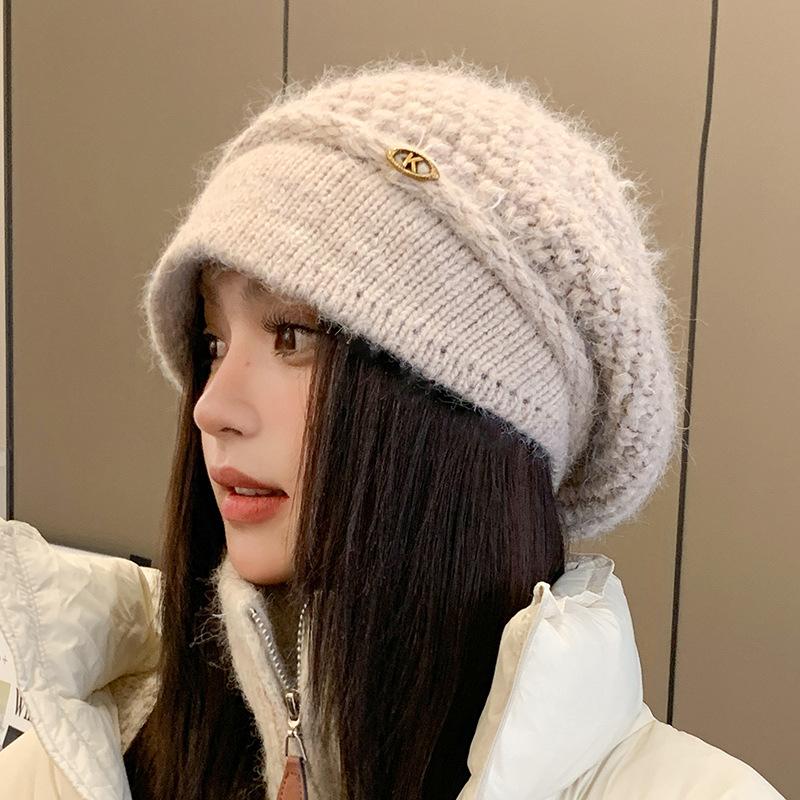 Französische Strickmütze Damen Herbst und Winter Doppelwollmütze Warmer Ohrenschutz