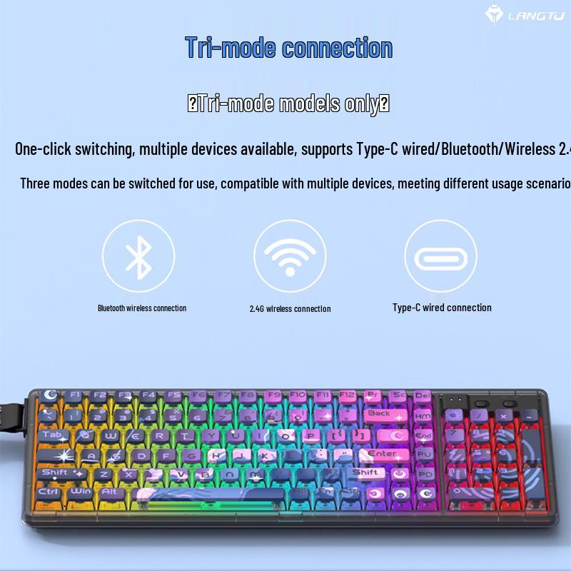 Langtu GK102 Wireless Bluetooth Wired Mechanical Keyboard - Transparent Customizable Design for Girls, Office, and e-Sports Gaming.