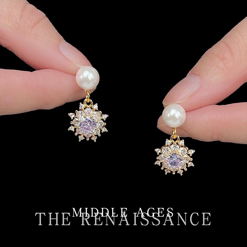 Violet~ Medieval French full of zircon snowflake earrings with elegant temperament