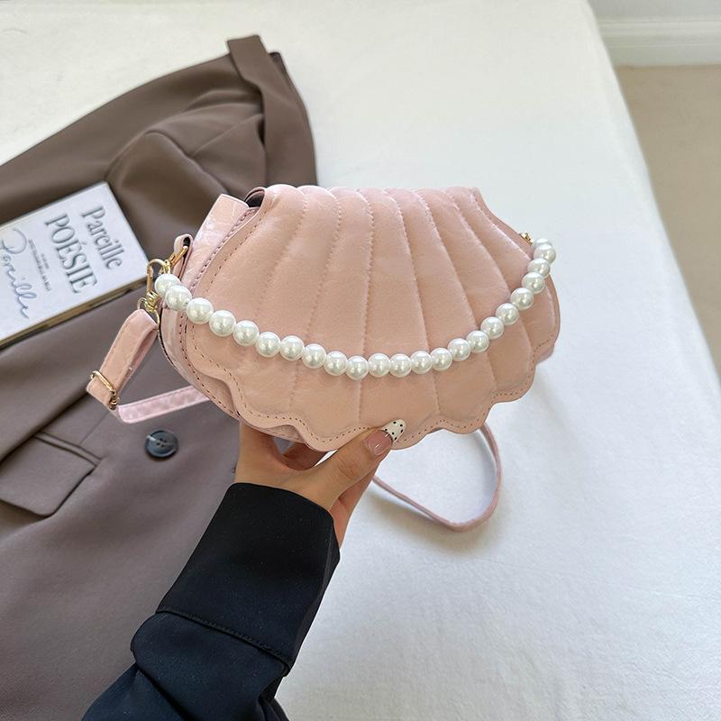 Sweet Simple Flap Shell Shoulder Bags for Women Portable Ladies Crossbody Bag Solid Color Female Pearl Chain Handbags Purse