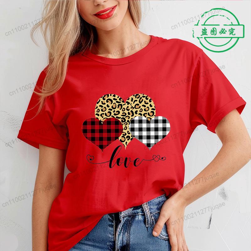 Valentine Heart Printed T Shirt for Women Leopard Heart T-shirt Girl Short Sleeve Crew Neck Casual Top for Summer Women Clothing