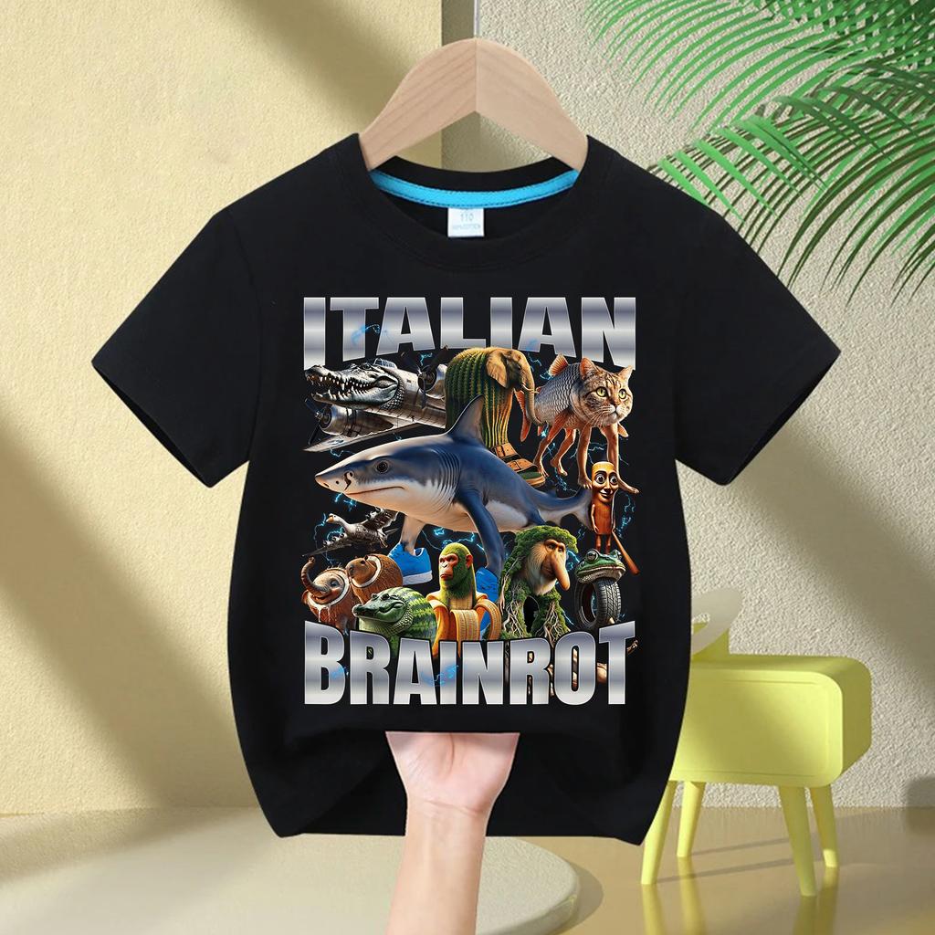 2025 Kids Clothes Funny Italian Brainrot T Shirt Cartoon Graphics Casual Vintage Boys Girls Short Sleeve Top Children's Clothing