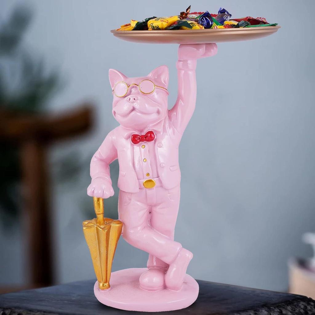 Bulldog with Tray Figurine Scluputre for Home Decor Showpiece, Living Room Decor Showpiece,Kitchen, Office, Gifts Item, Table Decoration (Pink)