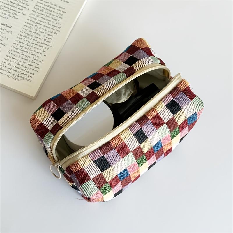 1pc Creative Retro Multicolor Plaid Pillow Bag, Essential Women's Travel Organizer for Skincare Products and Makeup Storage